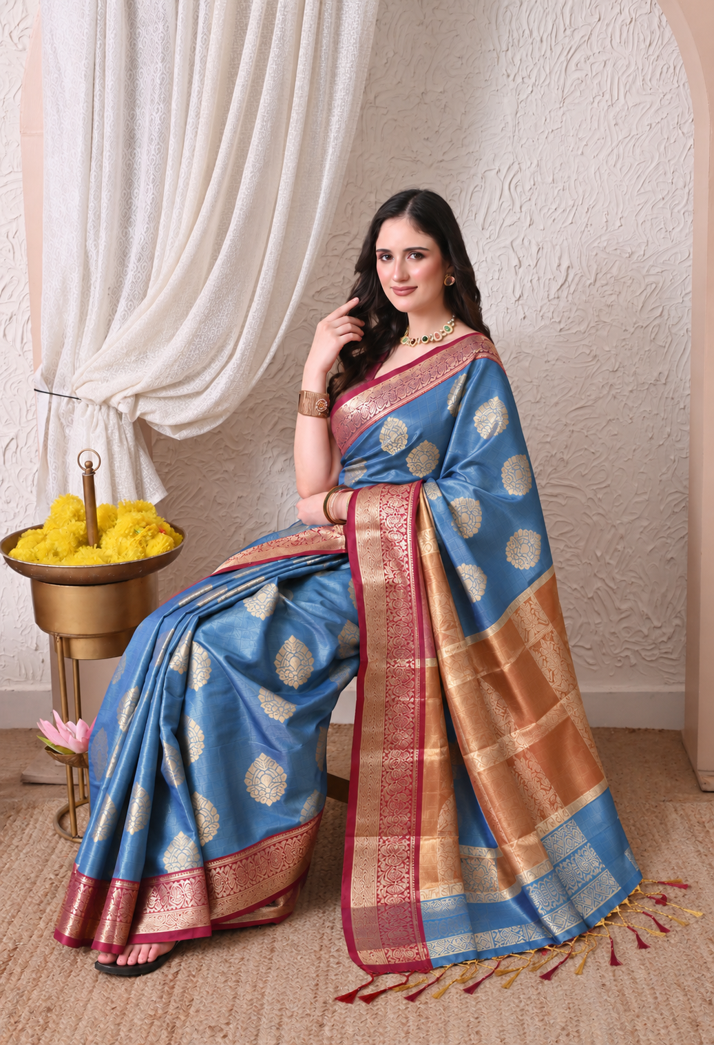 Women Blue & Gold-Toned Woven Design Silk Blend Banarasi Saree with Zari Border