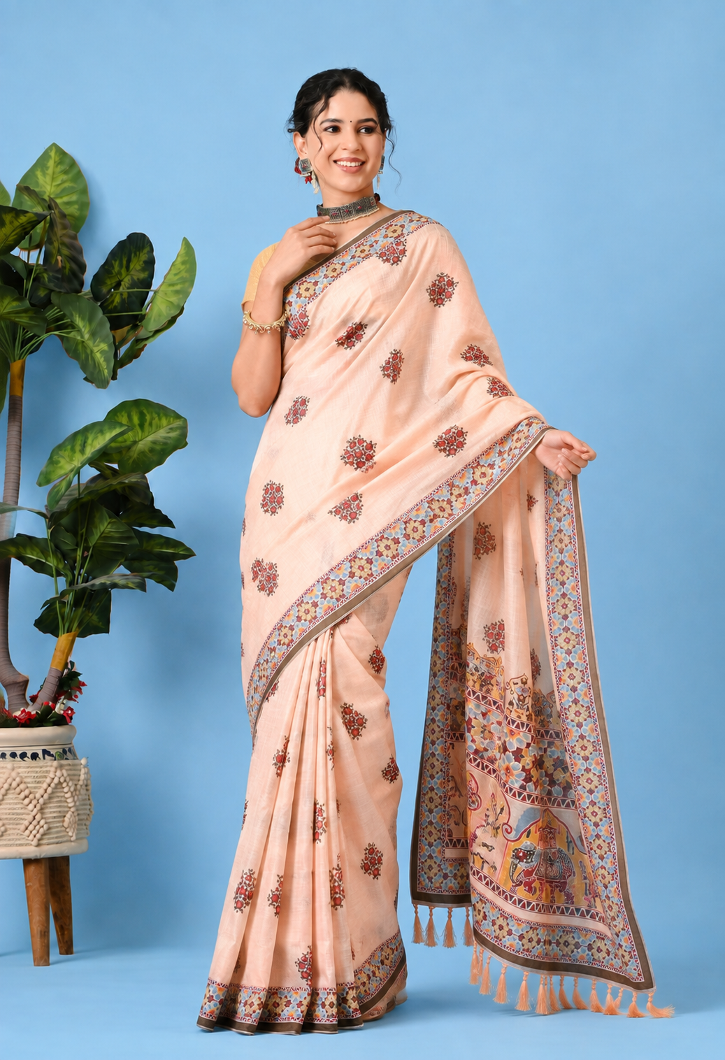 Peach Printed Cotton Saree with Traditional Elephant & Floral Border