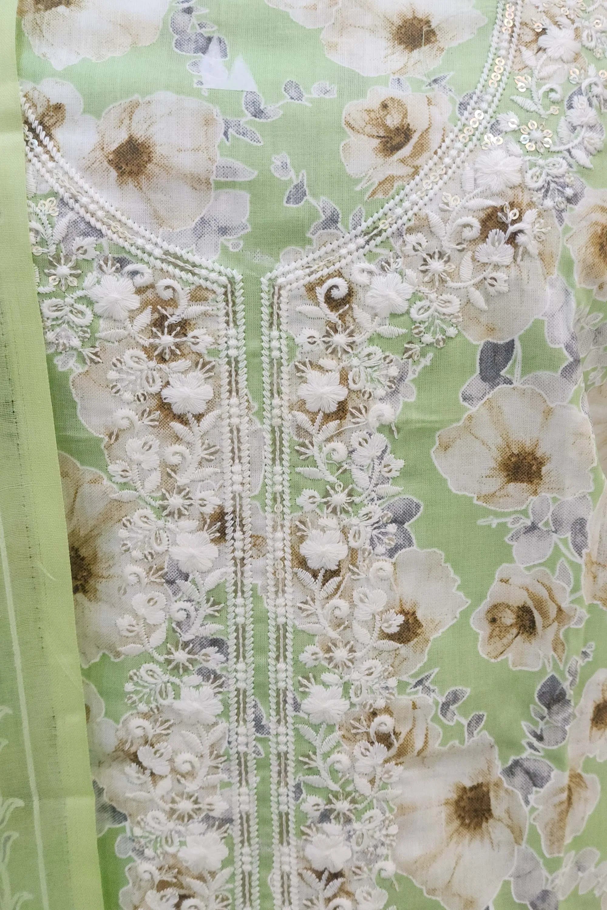Seafoam Green & White Floral Printed Pure Cotton Unstitched Dress Material with Embroidered Neckline