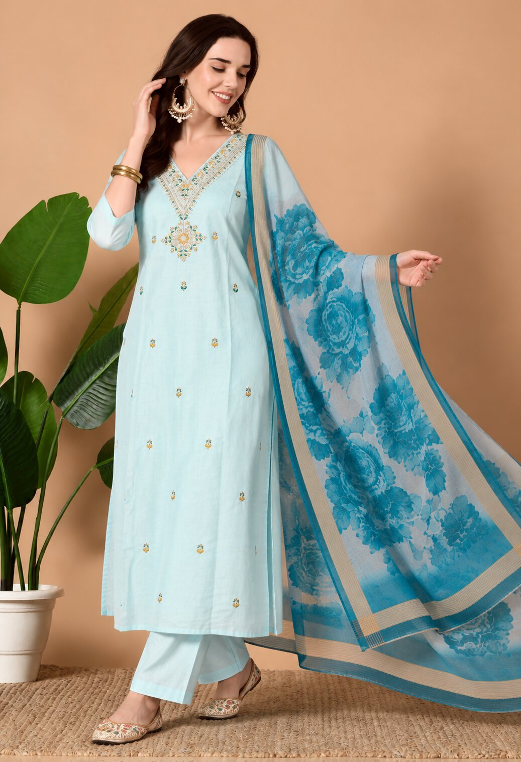 Light Blue Chanderi Silk Embroidered Suit Set with Blue Floral Organza Dupatta for Women