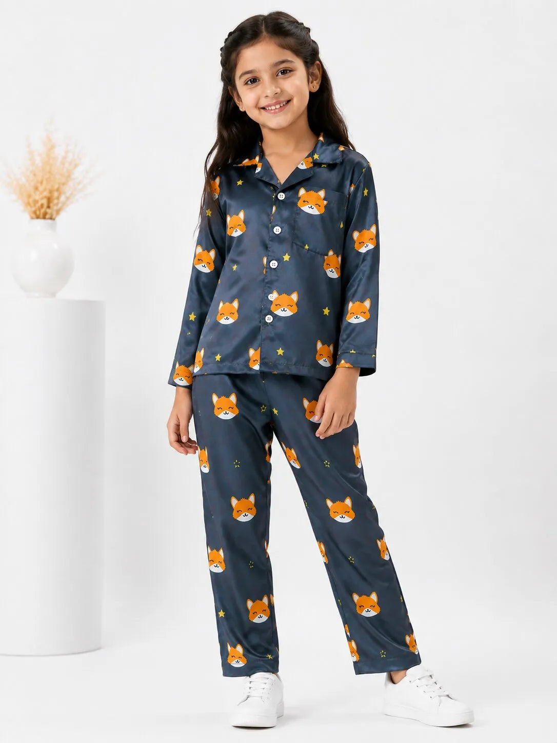 Kids Navy Blue Fox Print Satin Pajama Set
