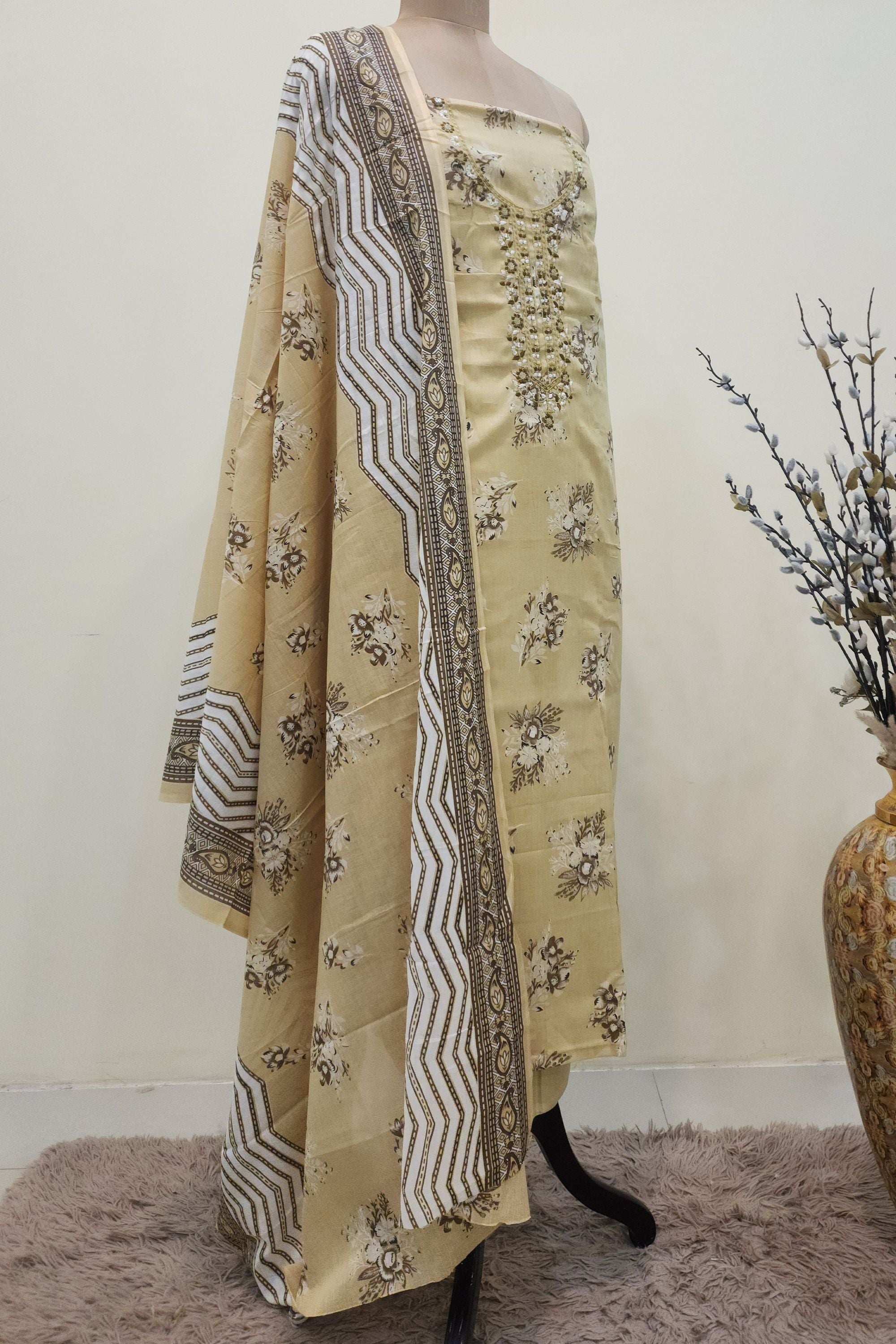 Women's Light Yellow  Floral Printed Cotton Unstitched Suit Set
