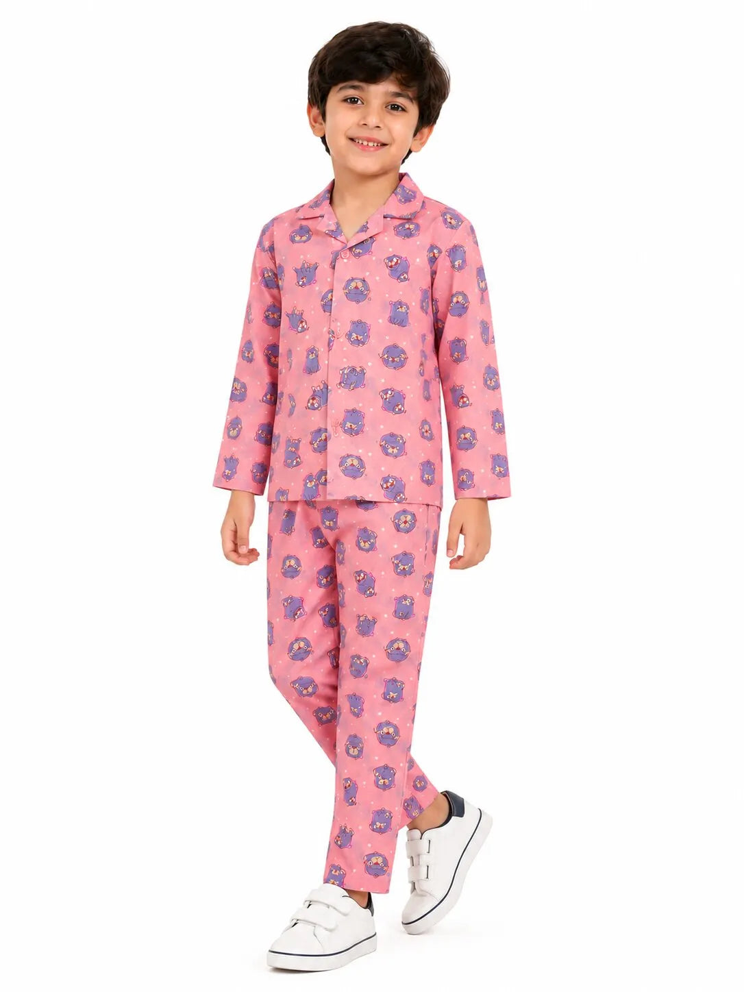 Boys Pink & Grey Pug Printed Pure Cotton Night Suit