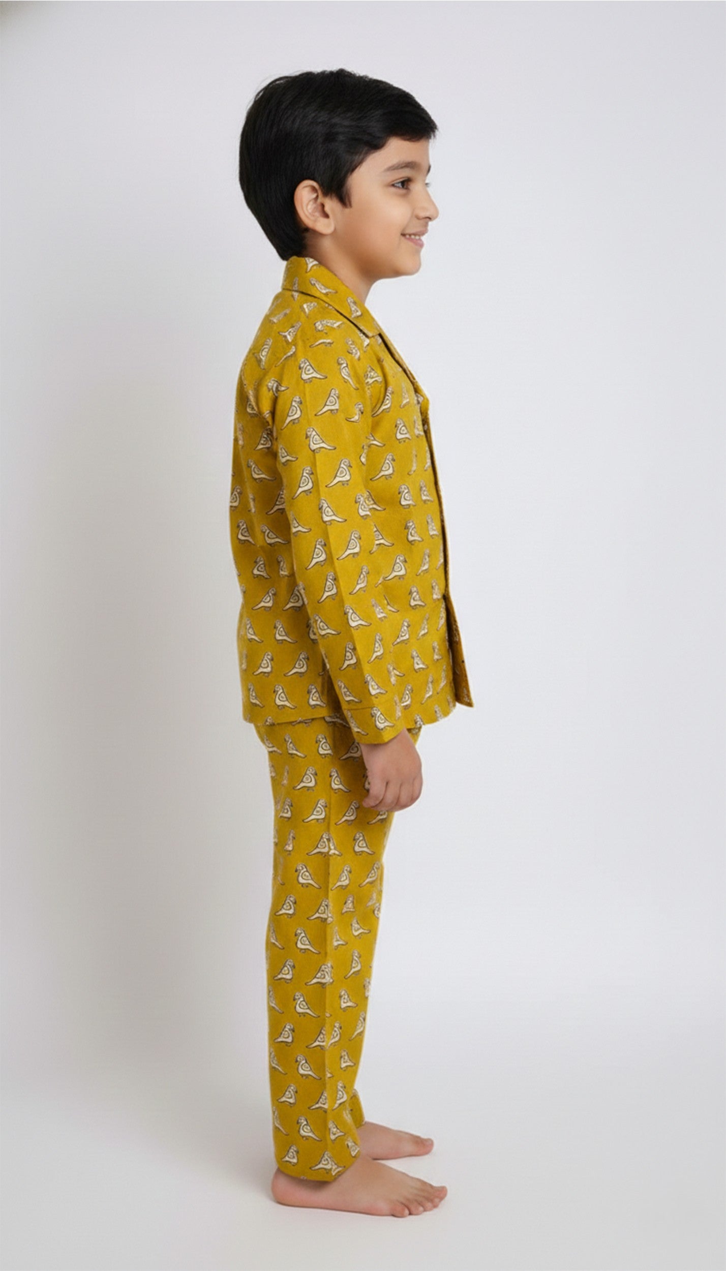 Boys Mustard Yellow & White Bird Print Pure Cotton Night Suit