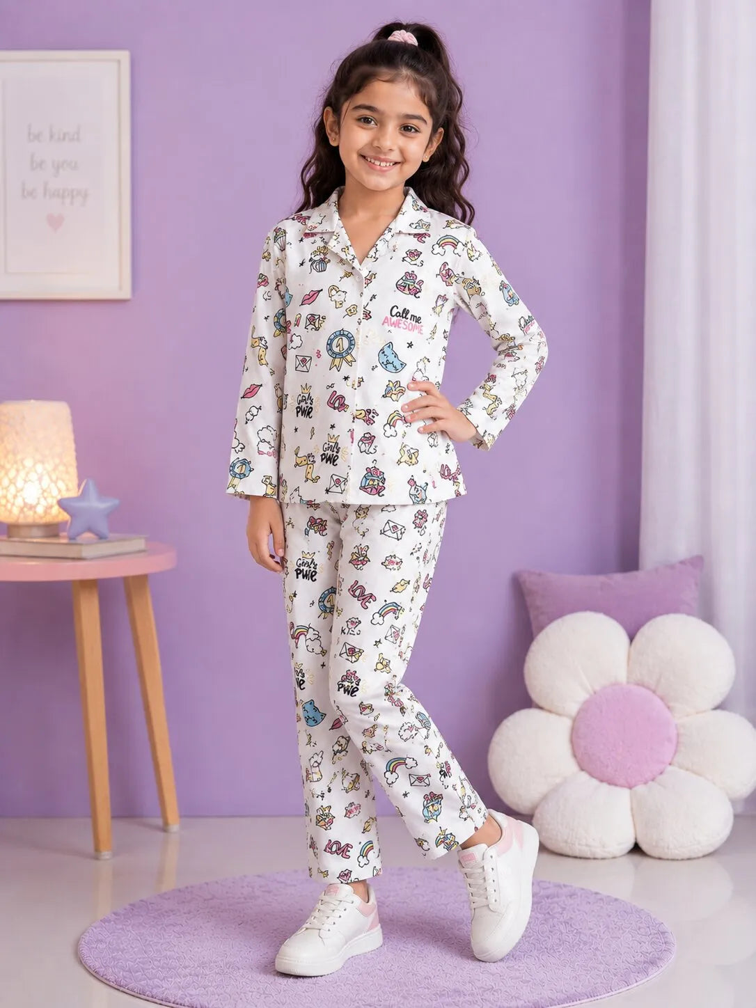 Girl Pearl White & Multicolor Graphic Printed Satin Nightwear Set