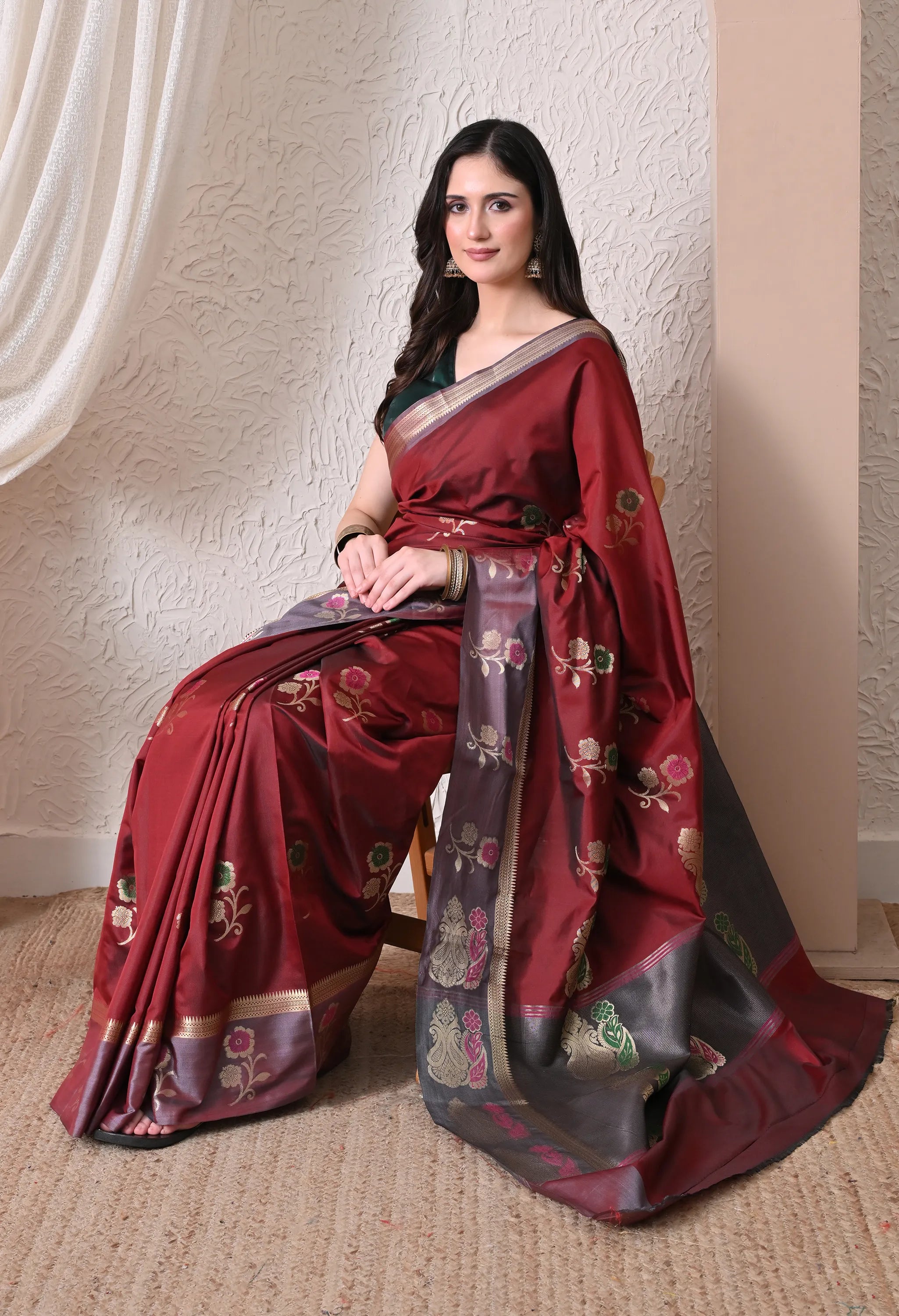 Maroon and Grey Silk Blend Floral Saree