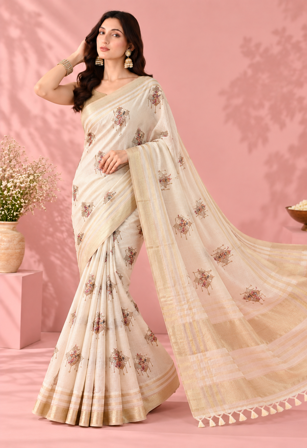 Elegant Ivory Printed Saree with Floral Motifs, Gold Border & Tassel Pallu