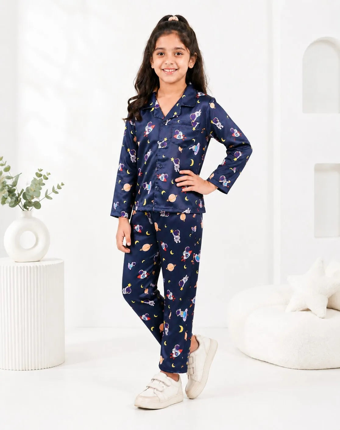 Girls  Navy Blue & Multi Satin Space Print Nightsuit Set