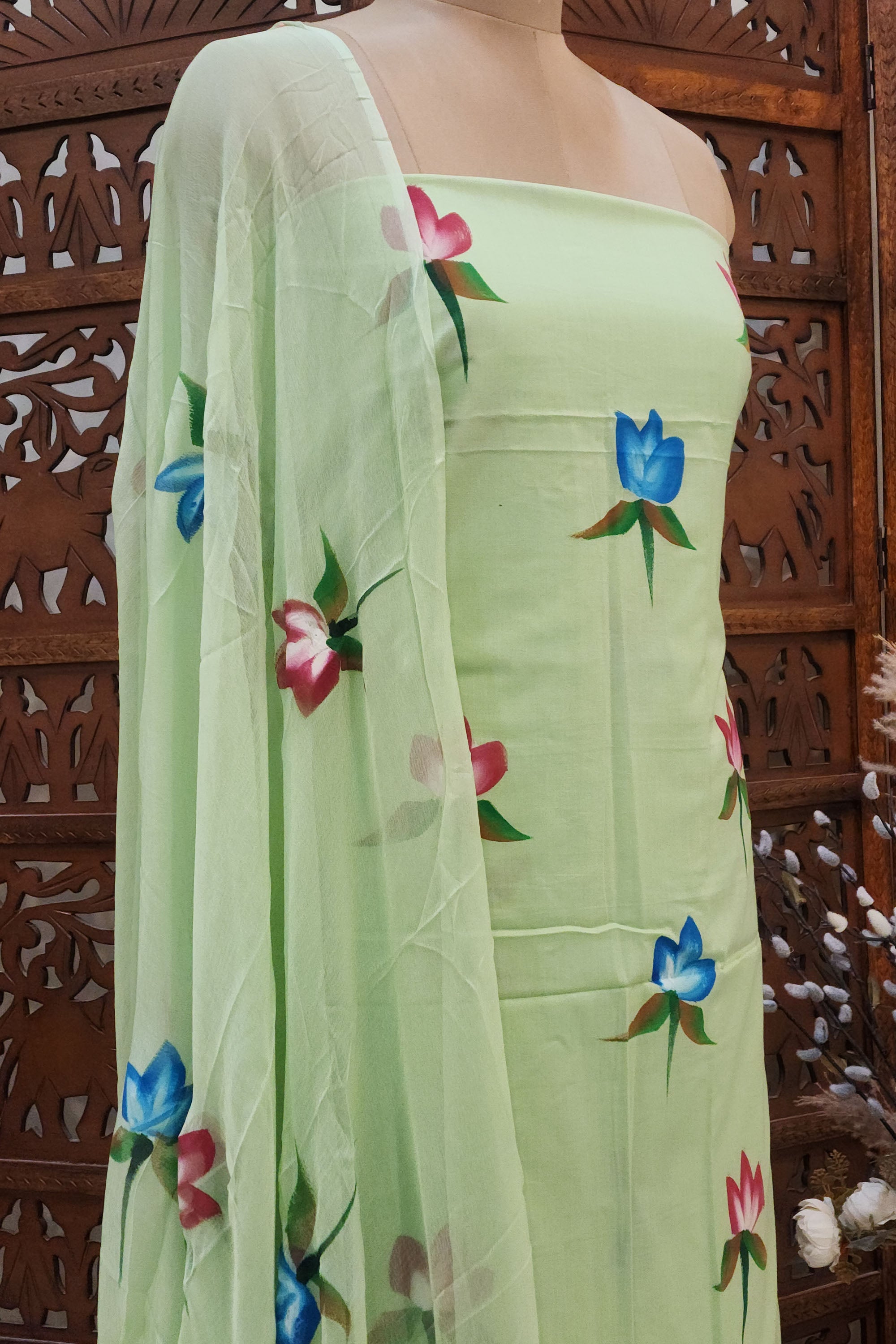 Women Sea Green Printed Pure Cotton Unstitched Dress Material with Chiffon Dupatta