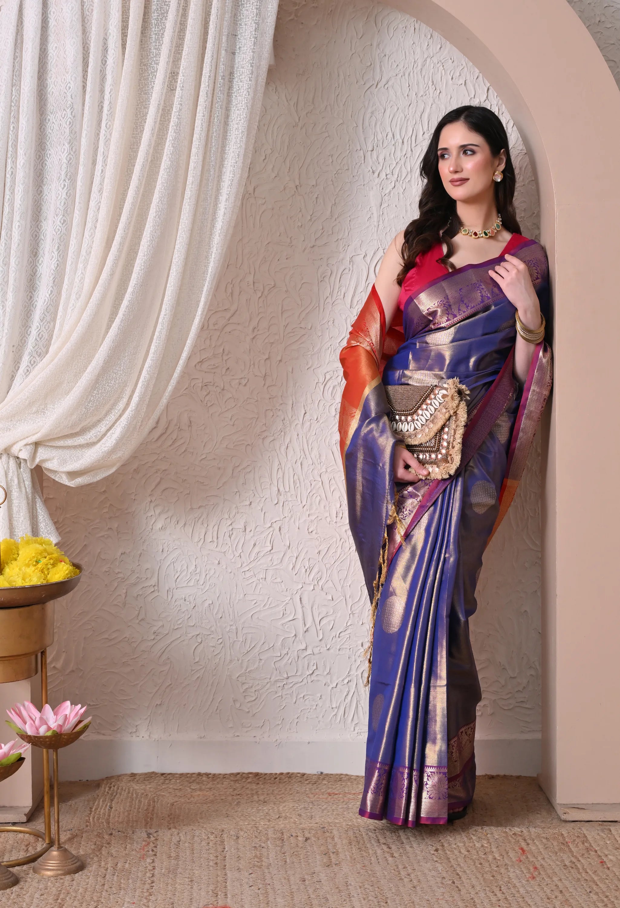 Regal Royal Blue Silk Blend Saree with Contrast Border and Golden Zari Details