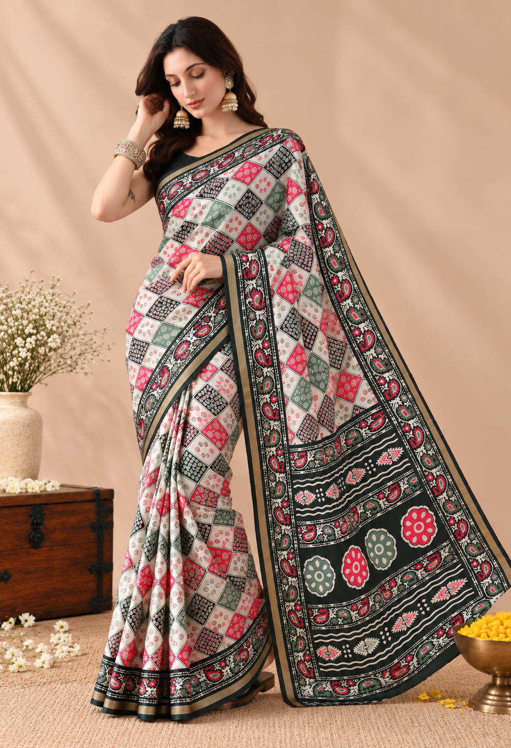 Elegant Off-White Geometric Floral Printed Saree with Dark Green Traditional Border