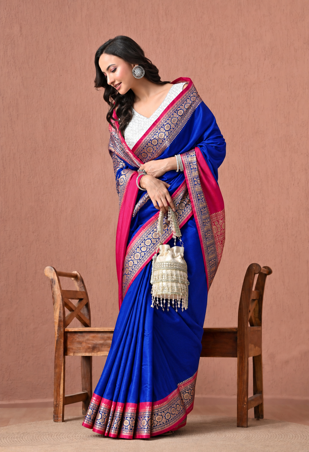 Royal Blue and Magenta Pink Silk Blend Woven Zari Border Saree
