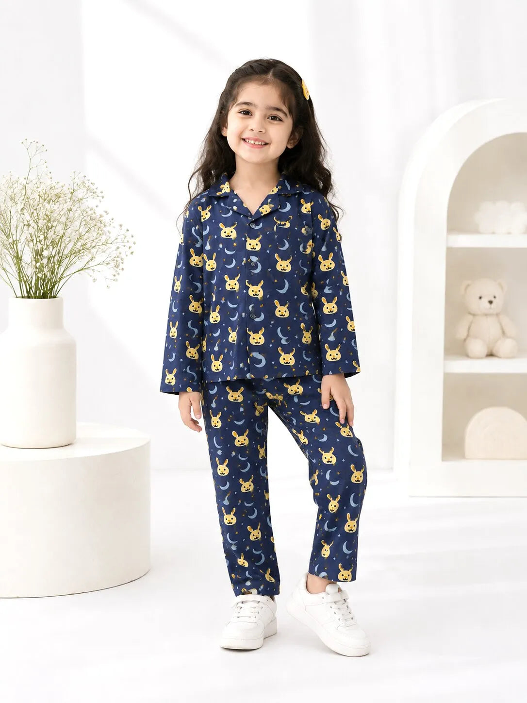 Kids' Pure Cotton Navy Blue Bunny & Moon Print Night Suit