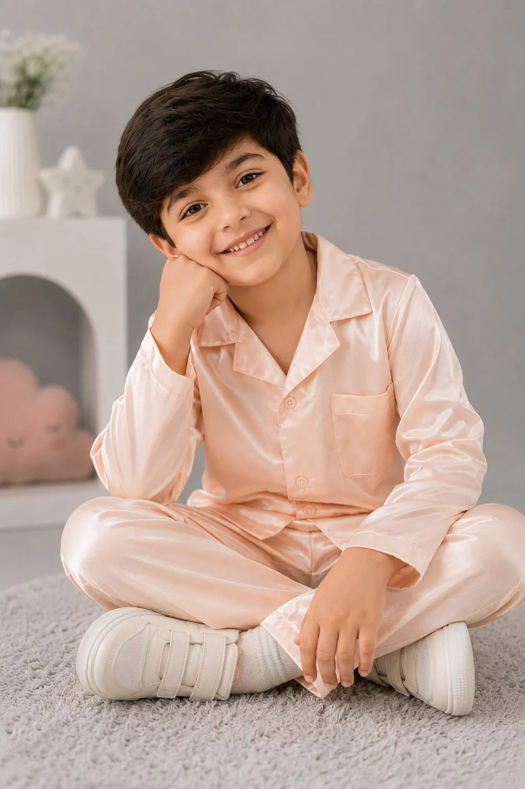 Kids' Peach Solid Satin Night Suit
