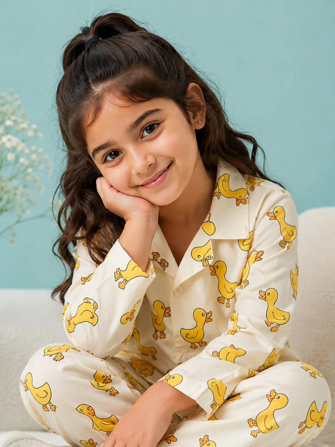 Girls Off-White & Yellow Satin Duck Printed Nightsuit