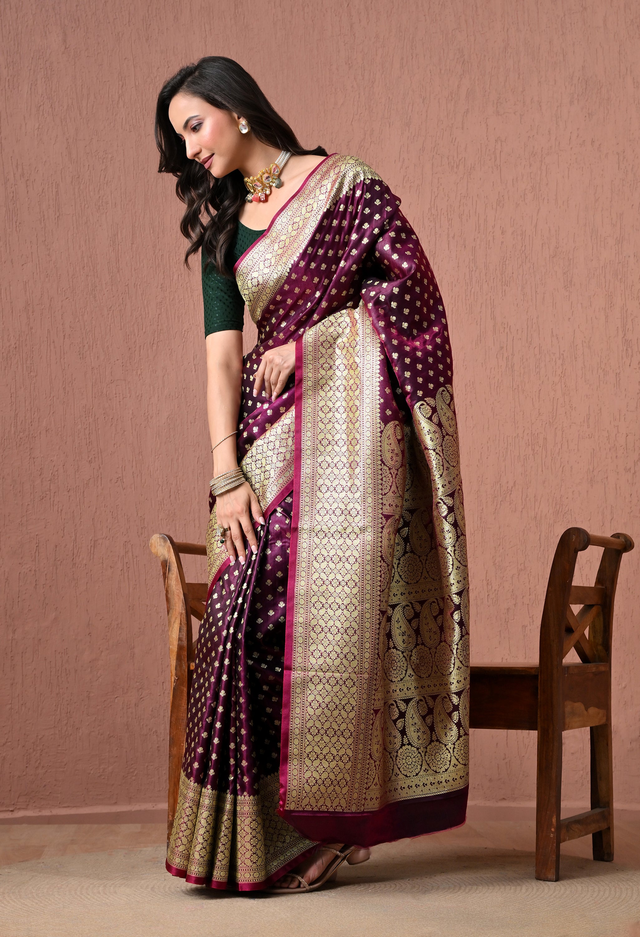 Pure Silk Banarasi Saree in Magenta-Purple with Intricate Gold Zari