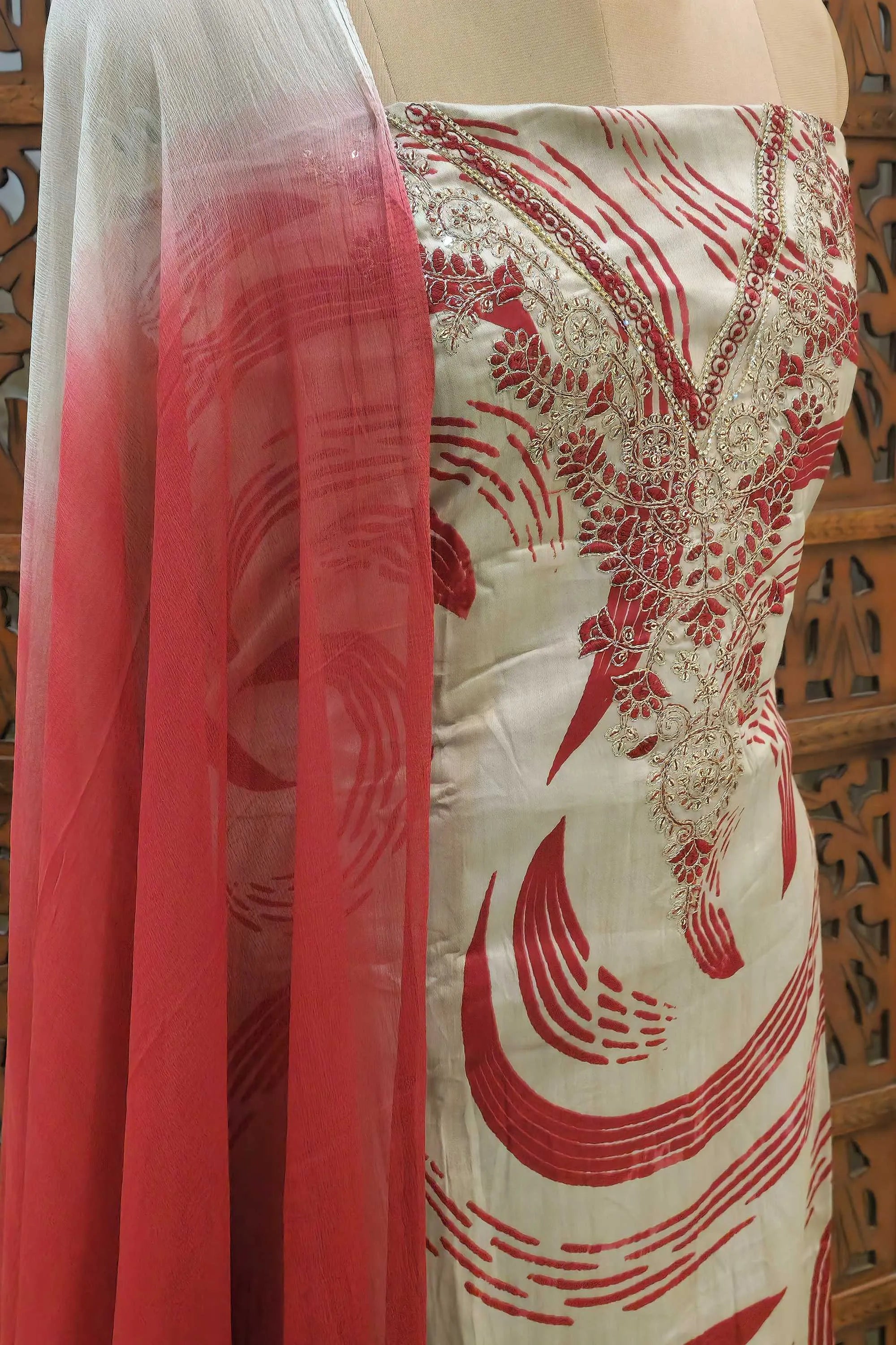 Women Cream & Red Printed Unstitched Cotton Dress Material with Embroidered Neckline