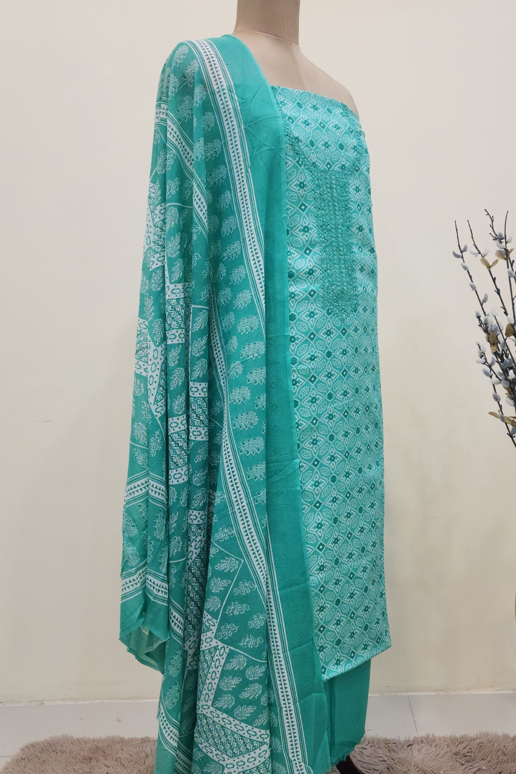 Women's Sea Green Bandhani Printed Cotton Unstitched Suit Set