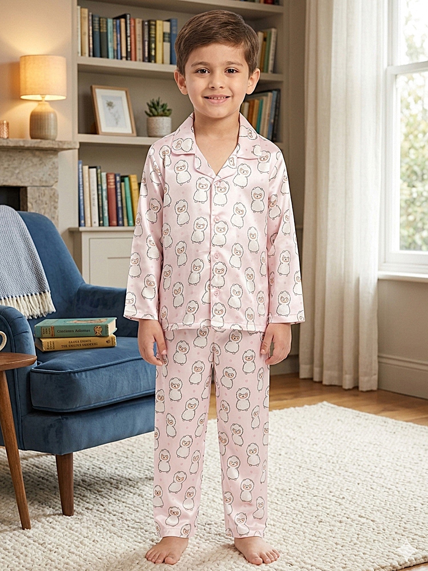 Boys Pink & White Cartoon Print Satin Night Suit Set