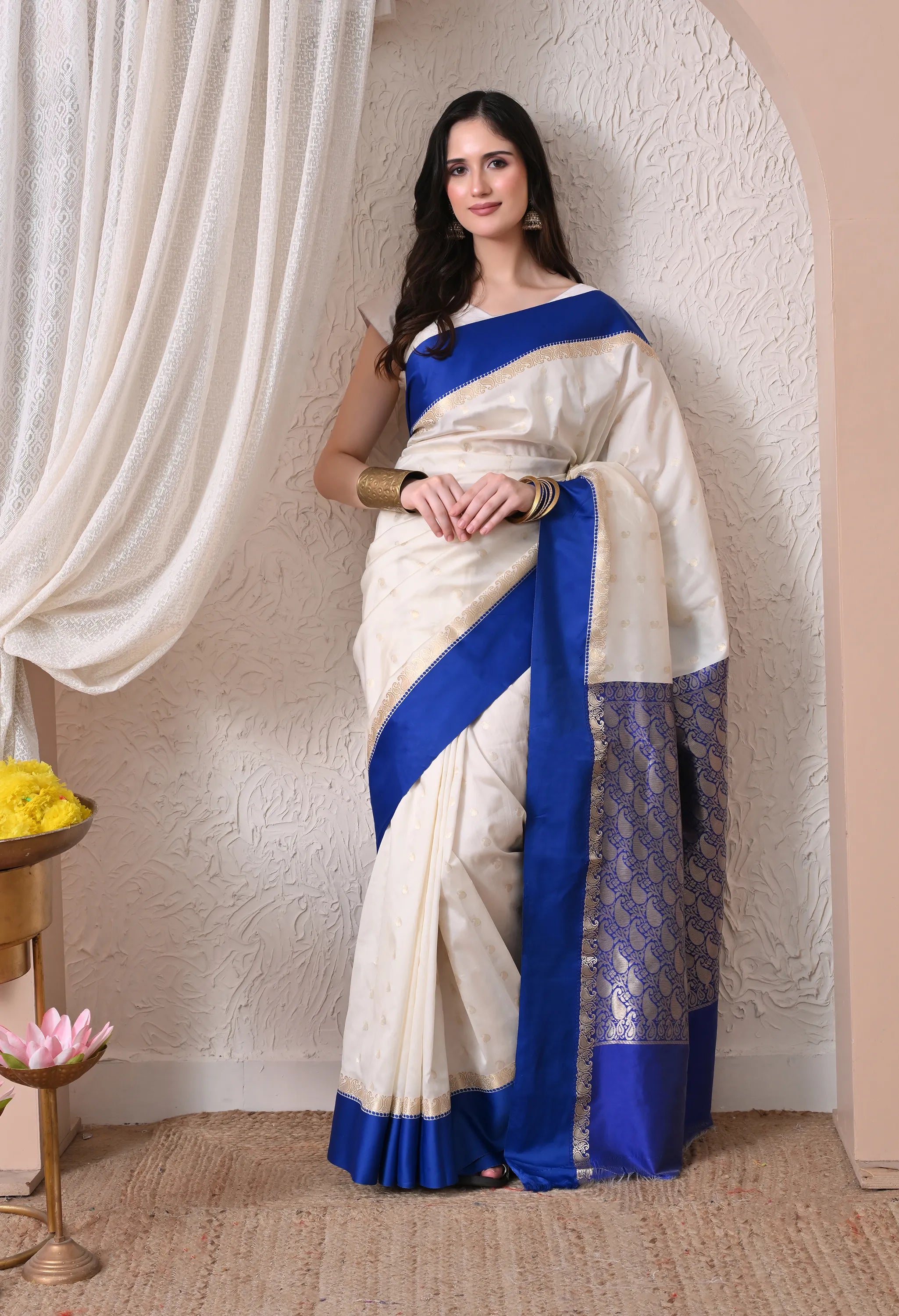 Graceful Off-White and Royal Blue Silk Blend Saree