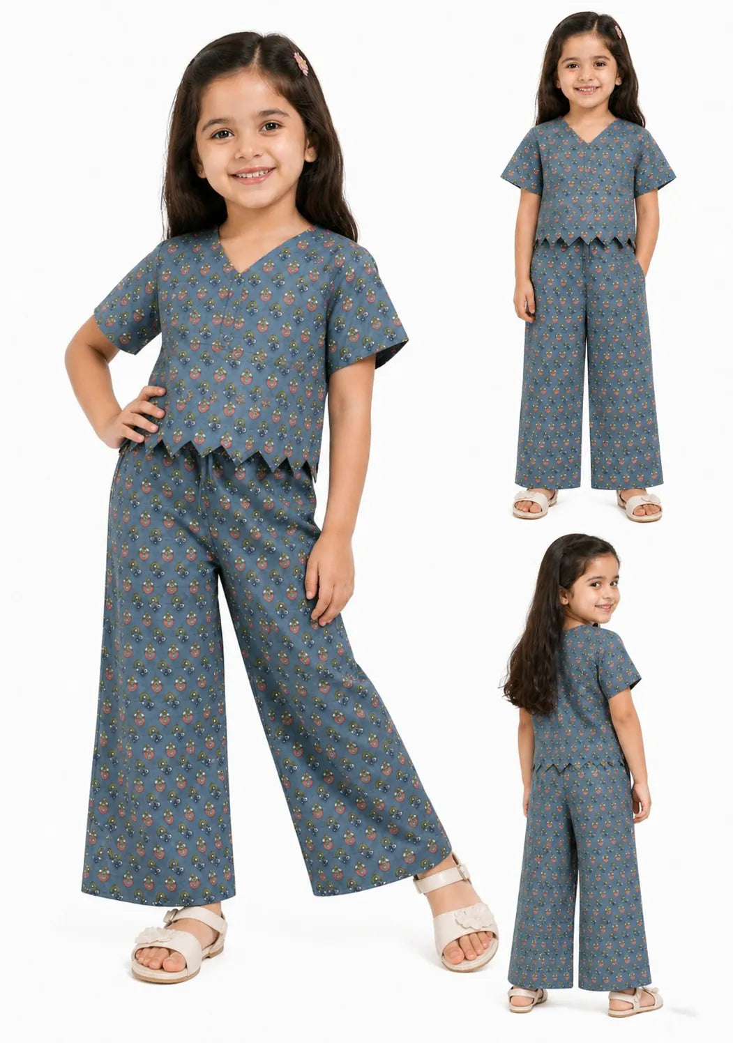 Girls Blue Floral Printed Pure Cotton Scalloped Hem Co-ord Set