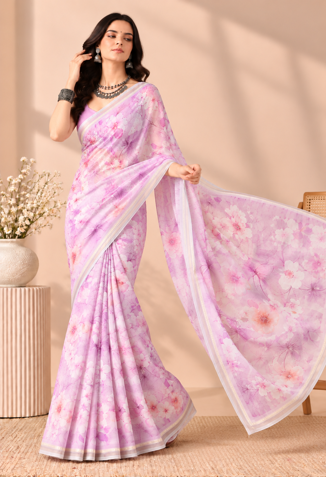 Elegant Pink Floral Printed Chiffon Saree with Matching Border