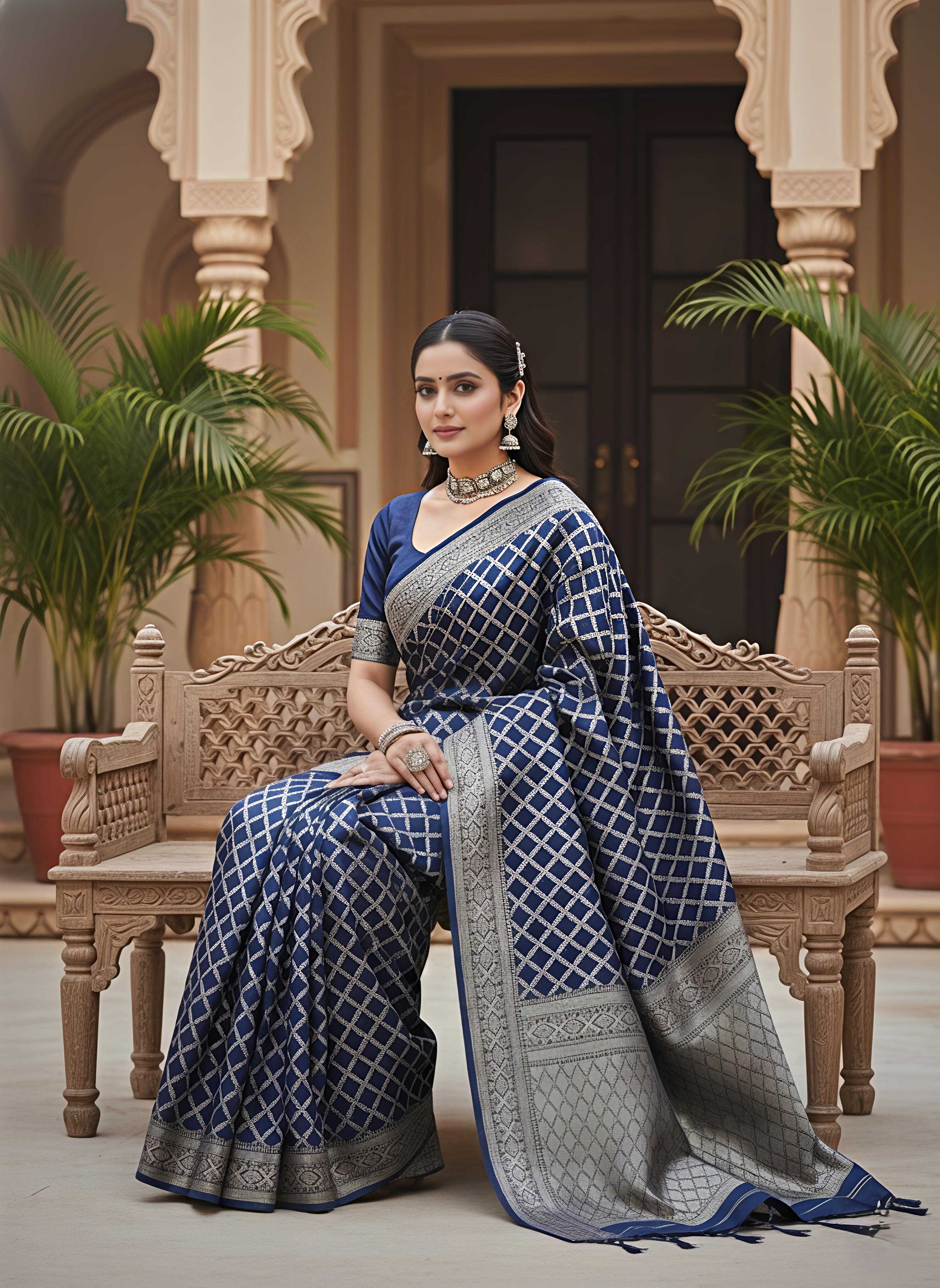 Navy Blue & Silver-Toned Silk Blend Zari Banarasi Saree with Unstitched Blouse