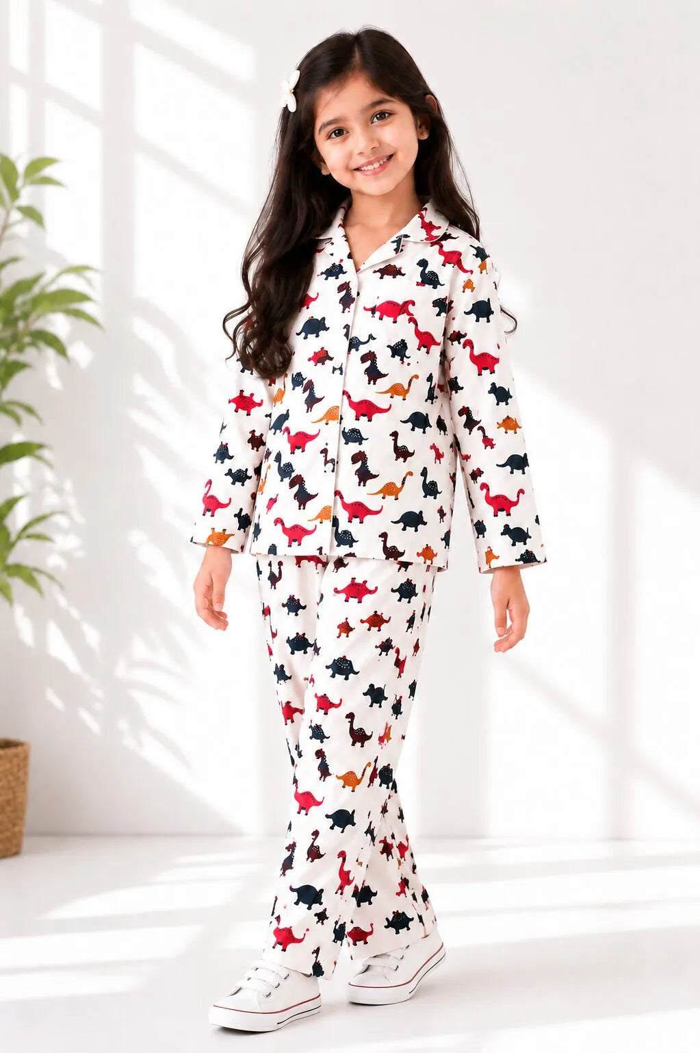 Kids Girls Full Sleeve Collared Pure Cotton Night Suit
