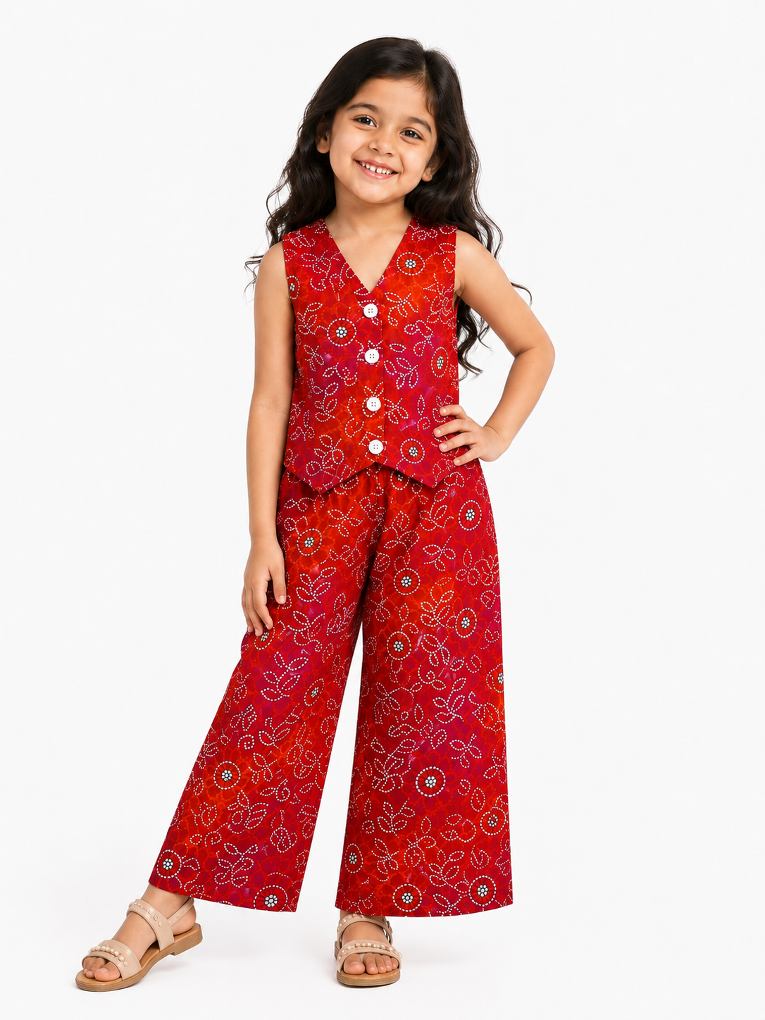 Girls Pure Cotton Bandhani Printed Vest Style Crop Top and Wide-Leg Trousers Co-Ord Set