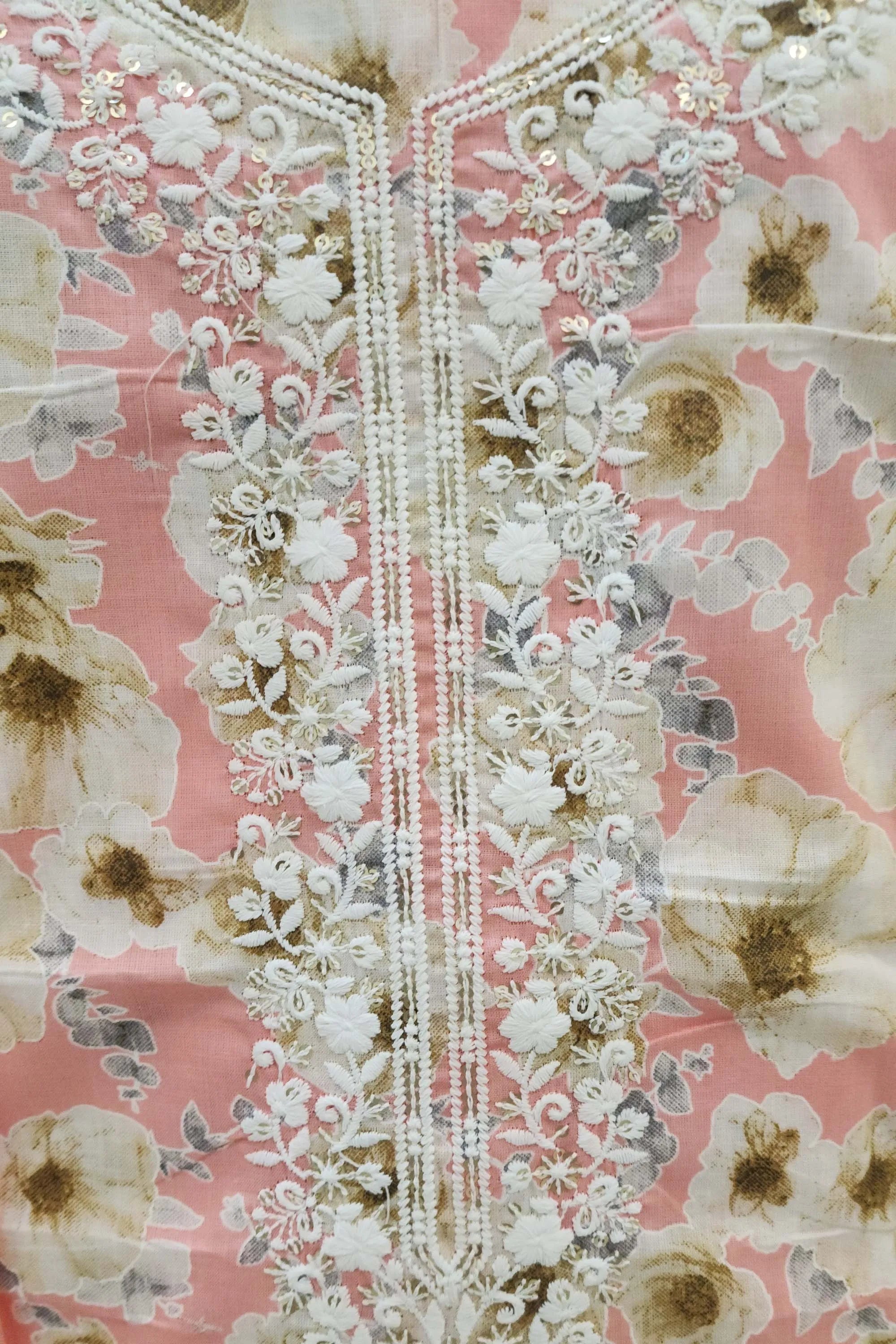 Women Peach-Colored & White Floral Printed Unstitched Cotton Dress Material with Embroidered Neckline