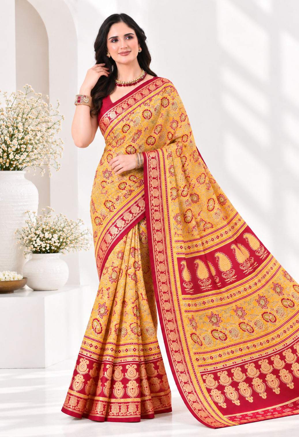 Elegant Mustard Yellow Printed Saree with Maroon Traditional Border