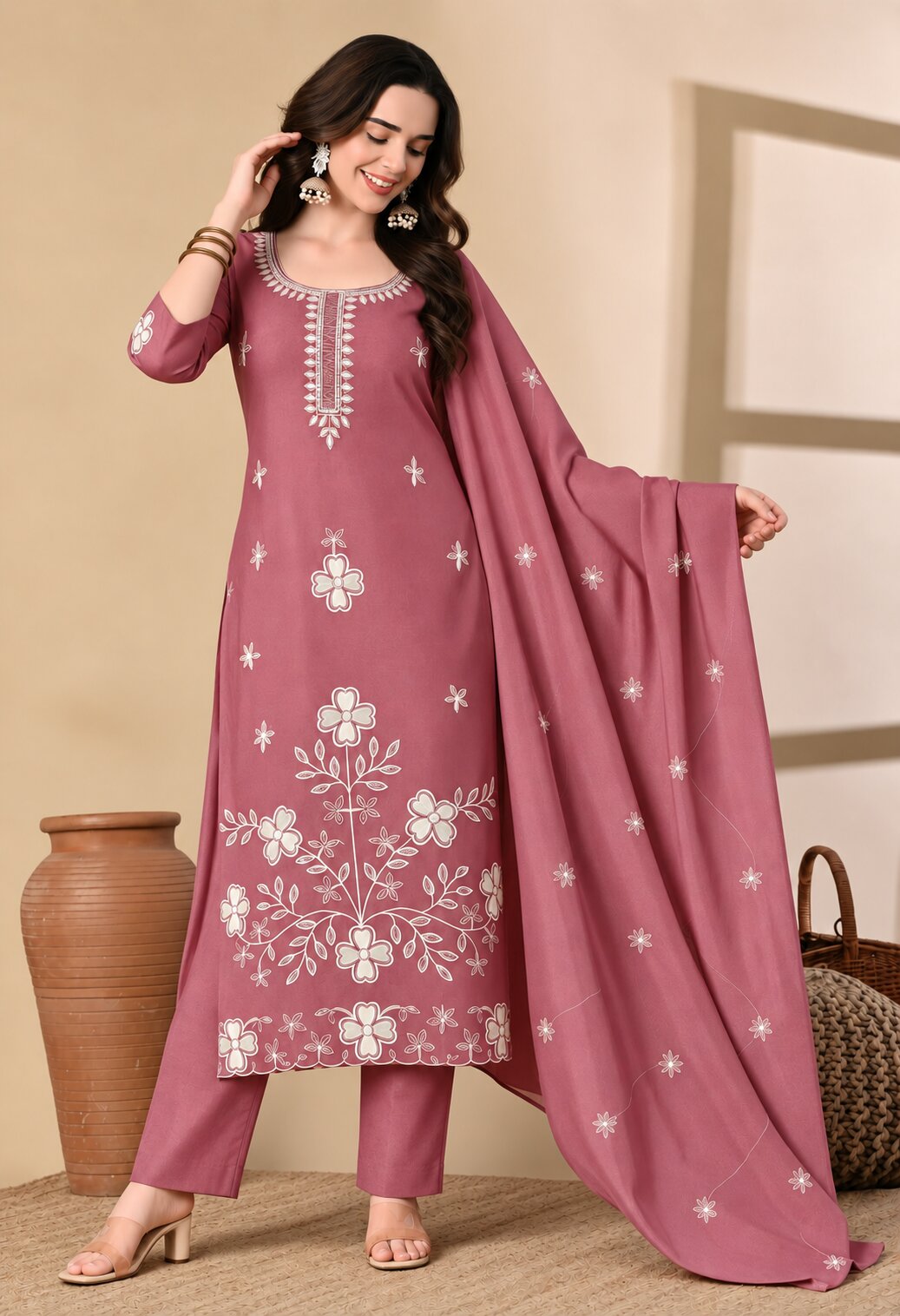 Dusty Rose Chanderi Silk Floral Embroidered Suit Set with Organza Dupatta