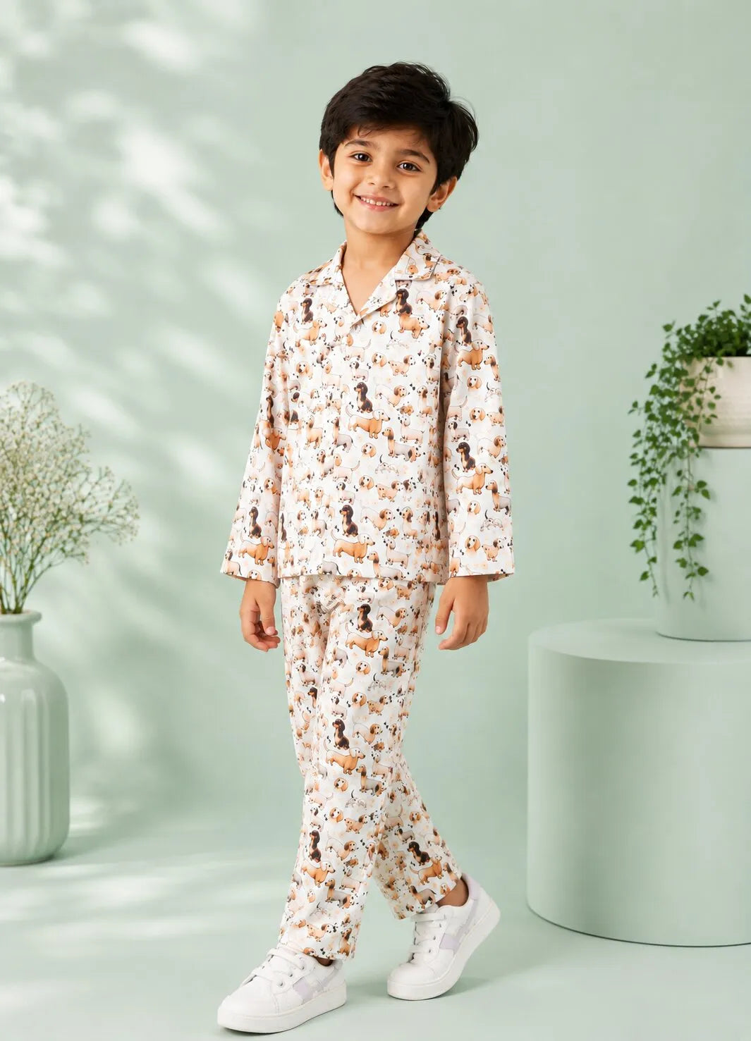 Kids' Satin Dog Print Night Suit Set – Cream