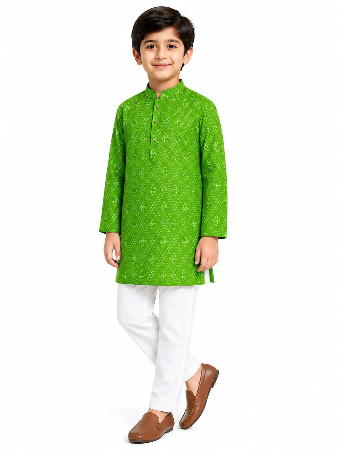 Boys Green & White Geometric Print Pure Cotton Kurta with Pyjamas