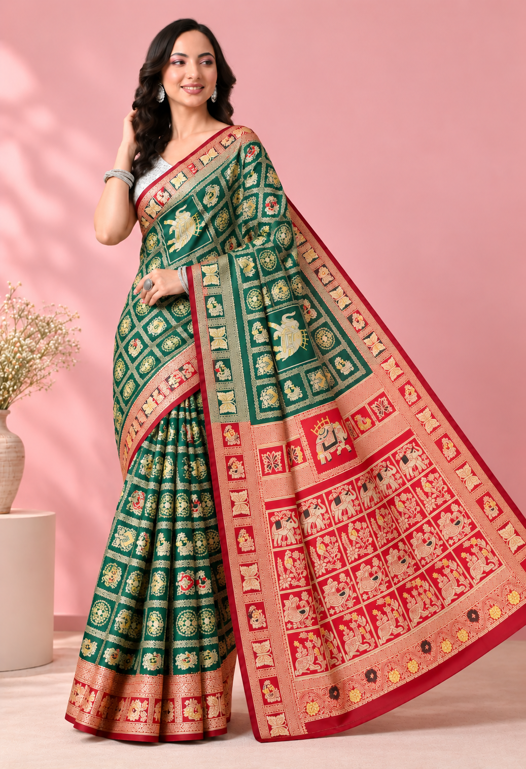 Elegant Green & Red Traditional Printed Saree with Intricate Ethnic Patterns