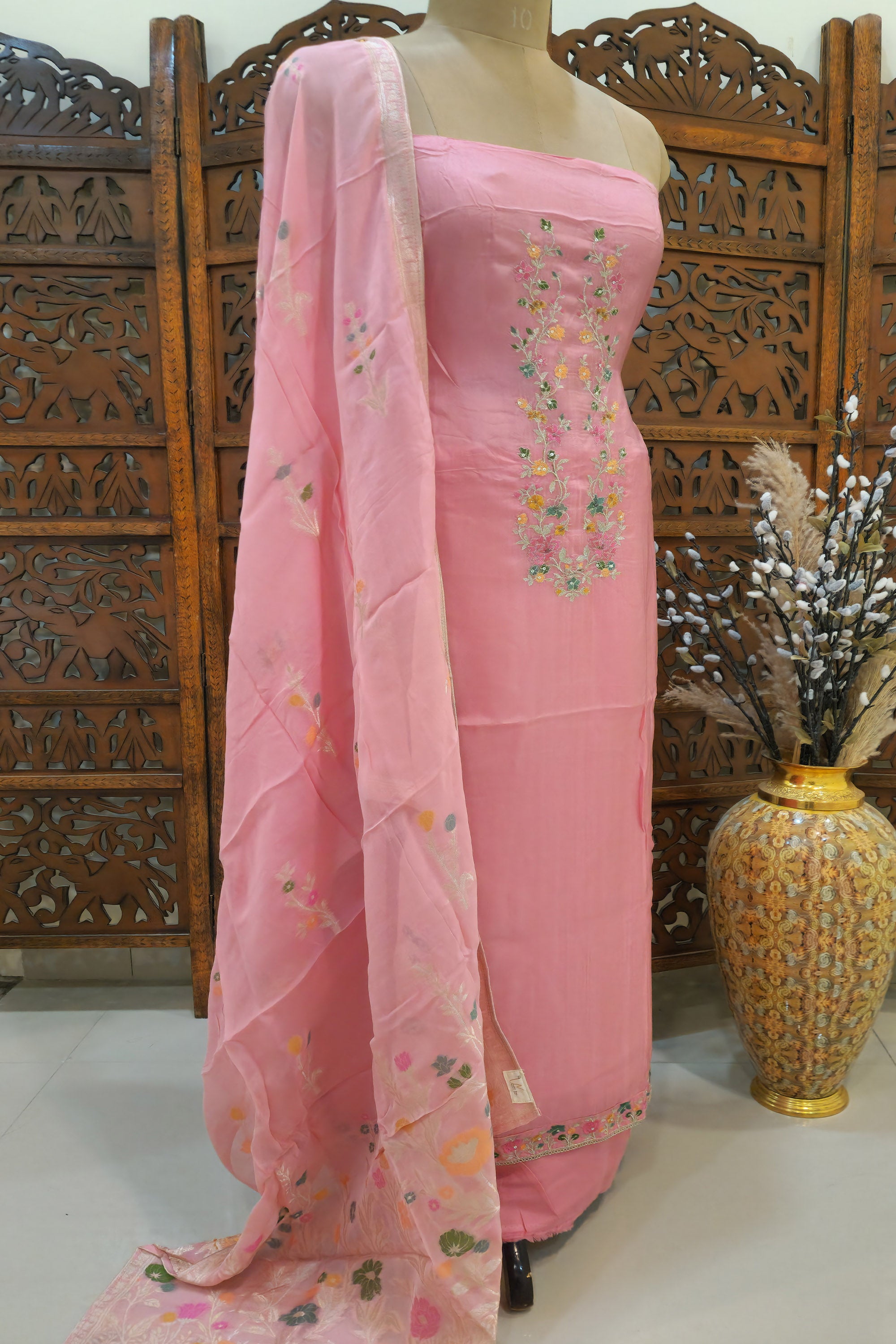 Pink Embroidered Silk Blend Unstitched Dress Material with Organza Dupatta