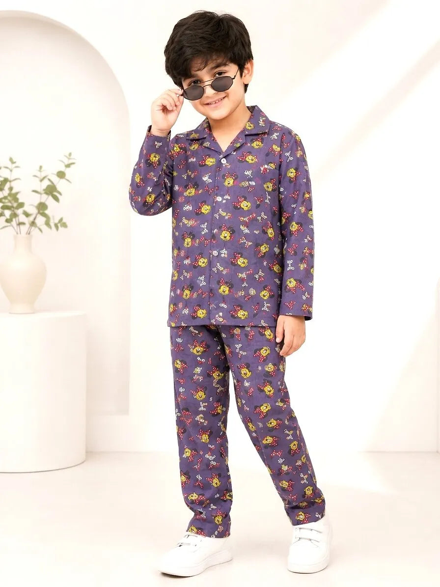Kids Mauve & Yellow Character Print Night Suit