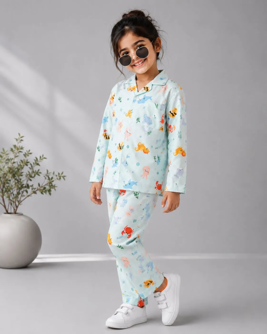 Kids Blue Sea-Life Printed Satin Long-Sleeved Nightsuit