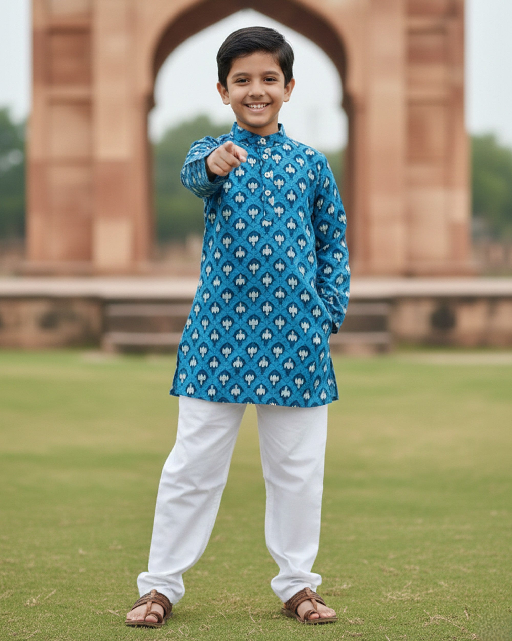 Boys' Cotton Printed Kurta with Pajama Set – Traditional Ethnic Wear for Festivals, Weddings, and Parties (Blue)