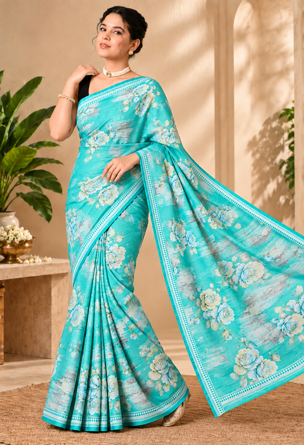 Turquoise Floral Printed Silk Blend Saree