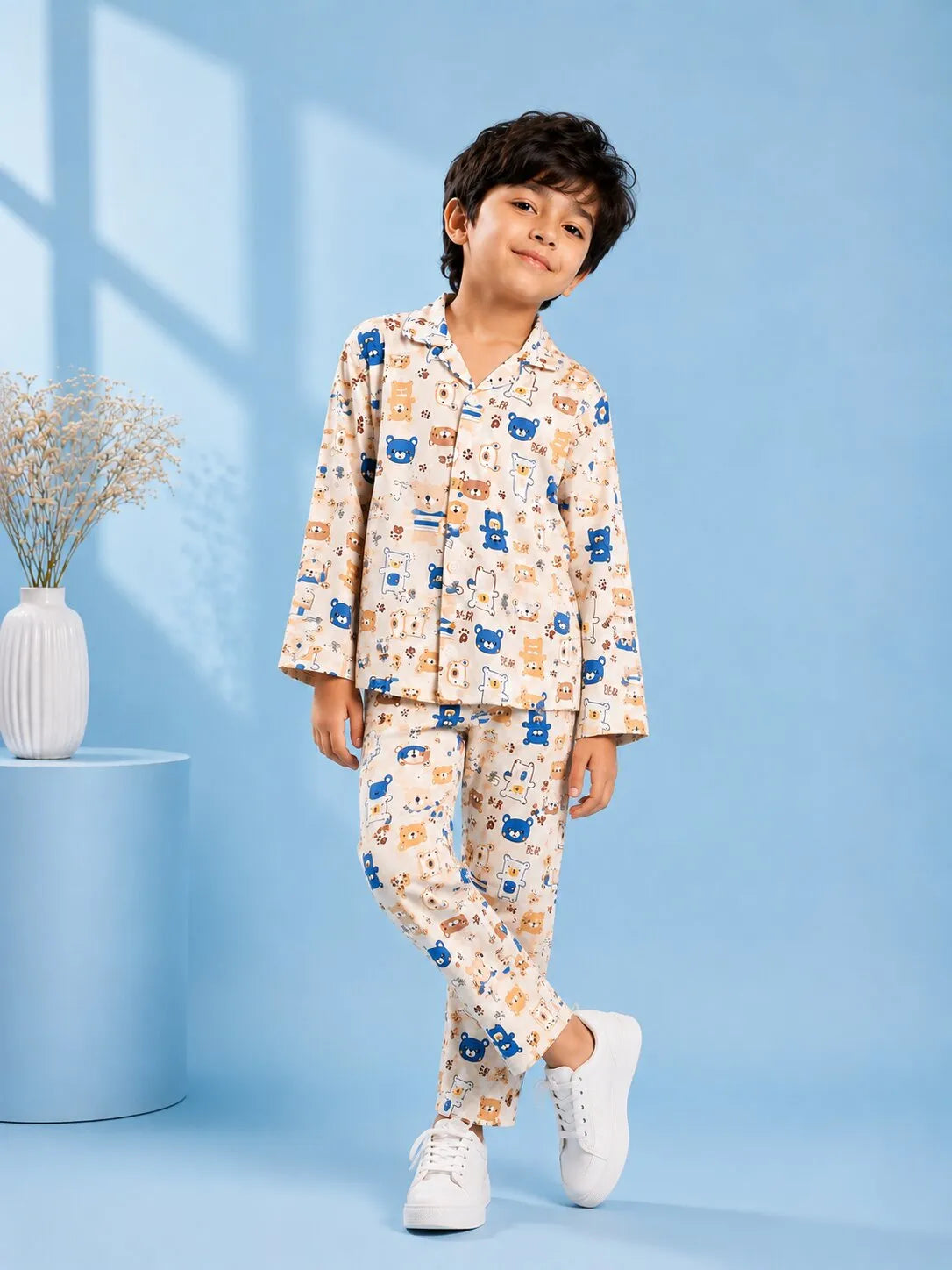 Boys' Bear Print Luxury Satin Night Suit – Full Sleeve Shirt & Pajama Sleepwear Set