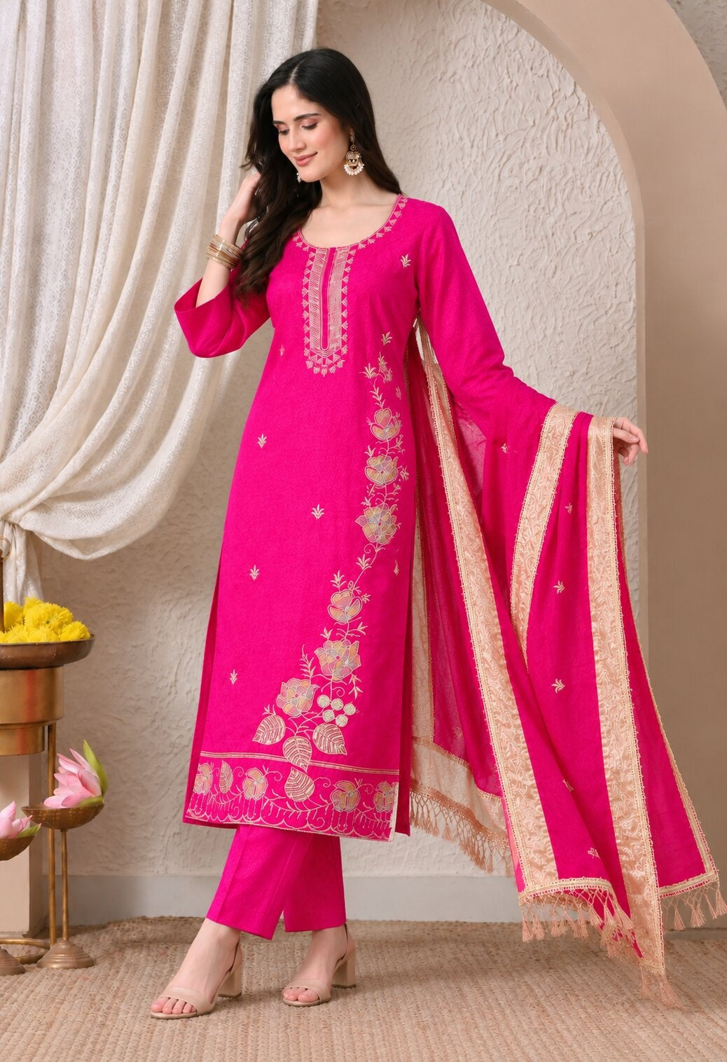 Rani Pink Chanderi Silk Embroidered Suit Set with Organza Dupatta