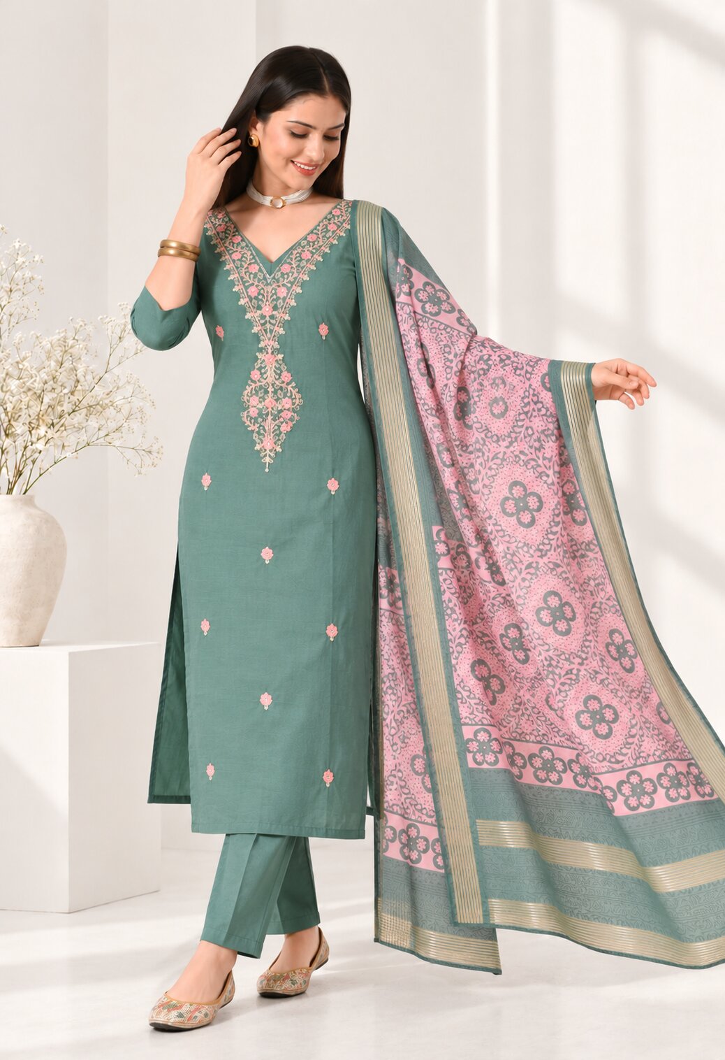 Teal Green Chanderi Silk Suit Set with Pink Printed Dupatta