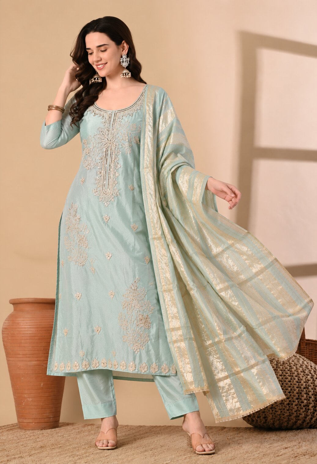 Pastel Blue Chanderi Silk Embroidered Suit Set with Organza Dupatta
