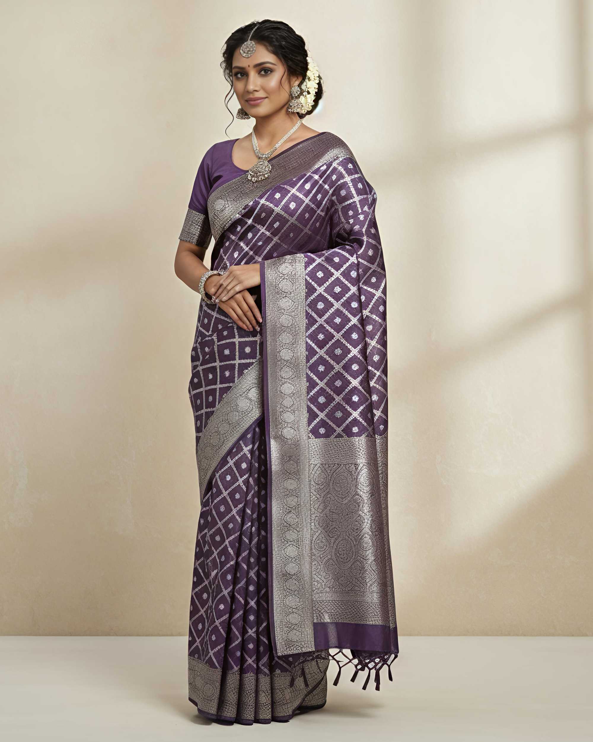 Women Purple & Silver-Toned Woven Design Zari Banarasi Silk Blend Saree