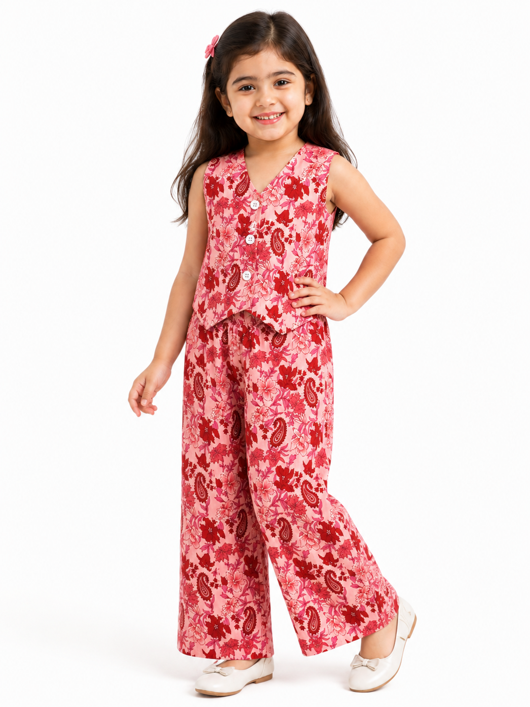 Girls Pure Cotton Floral and Paisley Printed Vest Style Crop Top with Wide-Leg Trousers Co-Ord Set