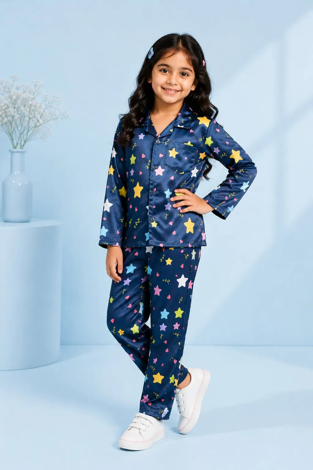 Girls Navy Blue & Multi-Colored Star Print Satin Night Suit