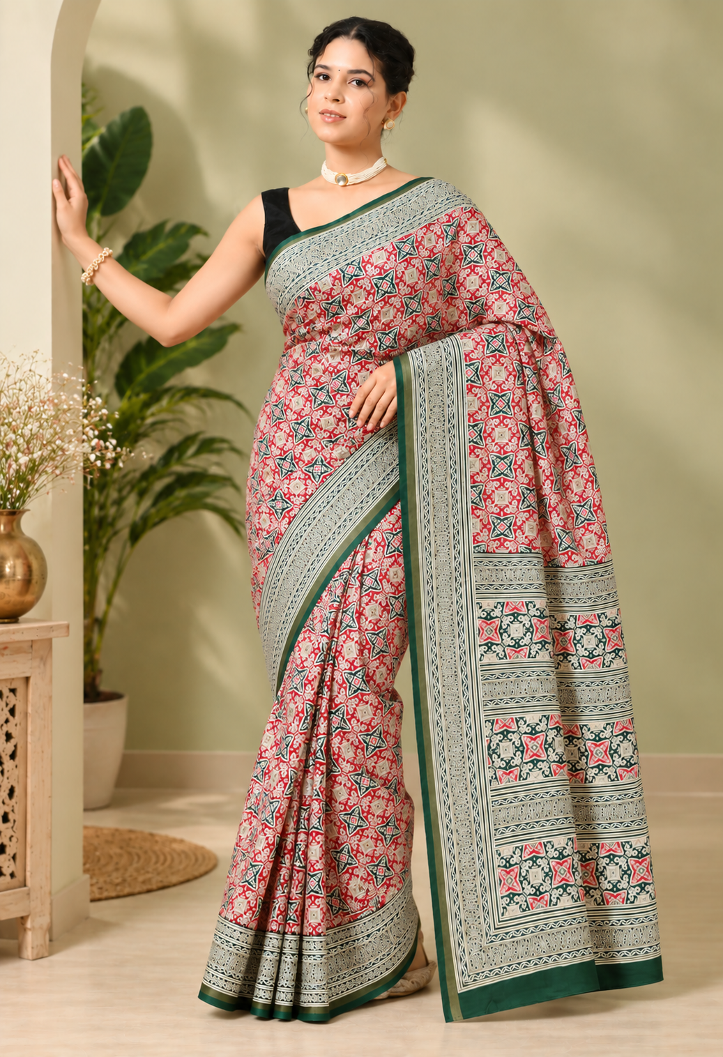 Elegant Multicolour Floral Printed Saree with Green Traditional Border