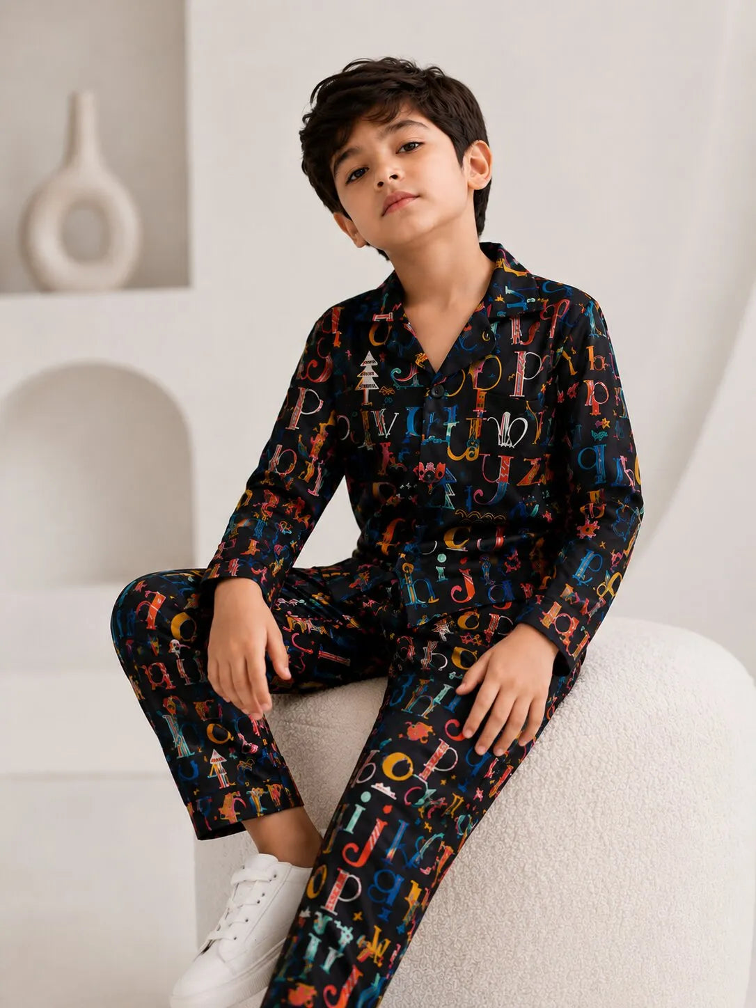 Boys Black Alphabet Print Nightsuit - Full Sleeves Shirt & Pyjamas Set