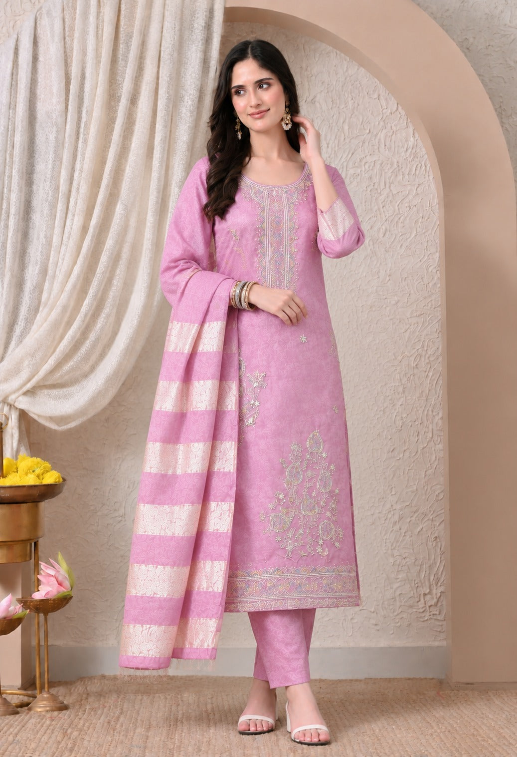 Pink Chanderi Silk Embroidered Suit Set with Matching Chanderi Silk Dupatta for Women